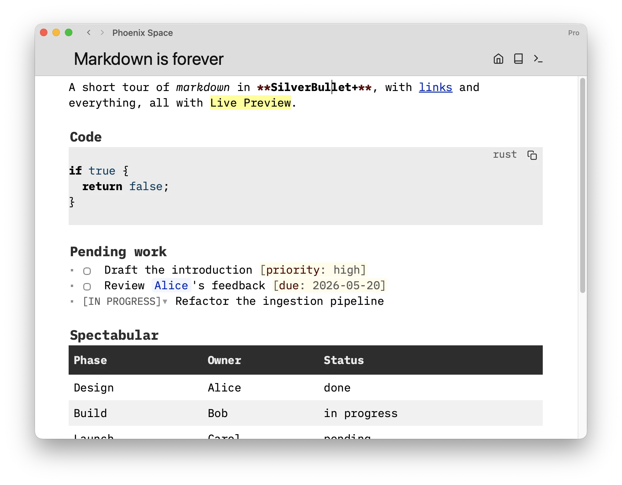 A SilverBullet+ page rendered with Live Preview, showing inline markdown formatting