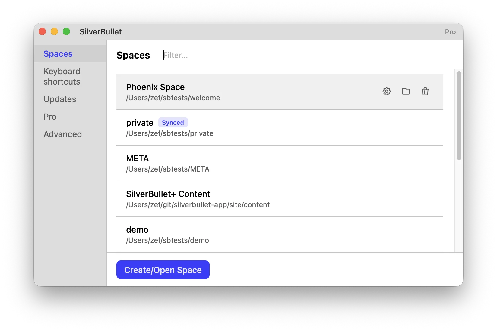 The SilverBullet+ Spaces settings pane listing several local and synced spaces with a Create/Open Space button