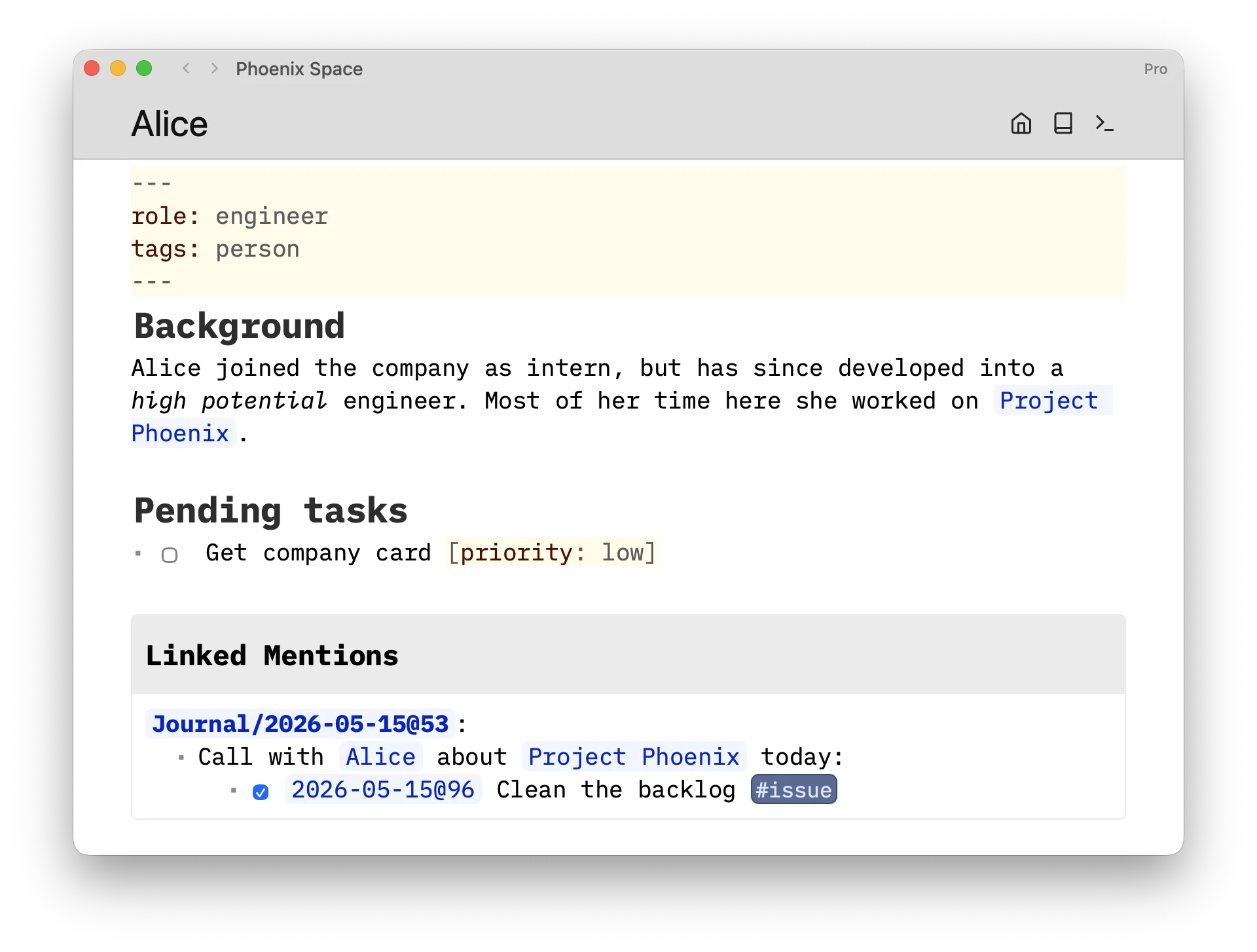An Alice page with frontmatter (role, tags), pending tasks with inline attributes, and a Linked Mentions section listing where Alice is referenced